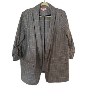 Evri Womens Jacket Plaid Size 1x 3/4 Sleeves Black Grey Yellow